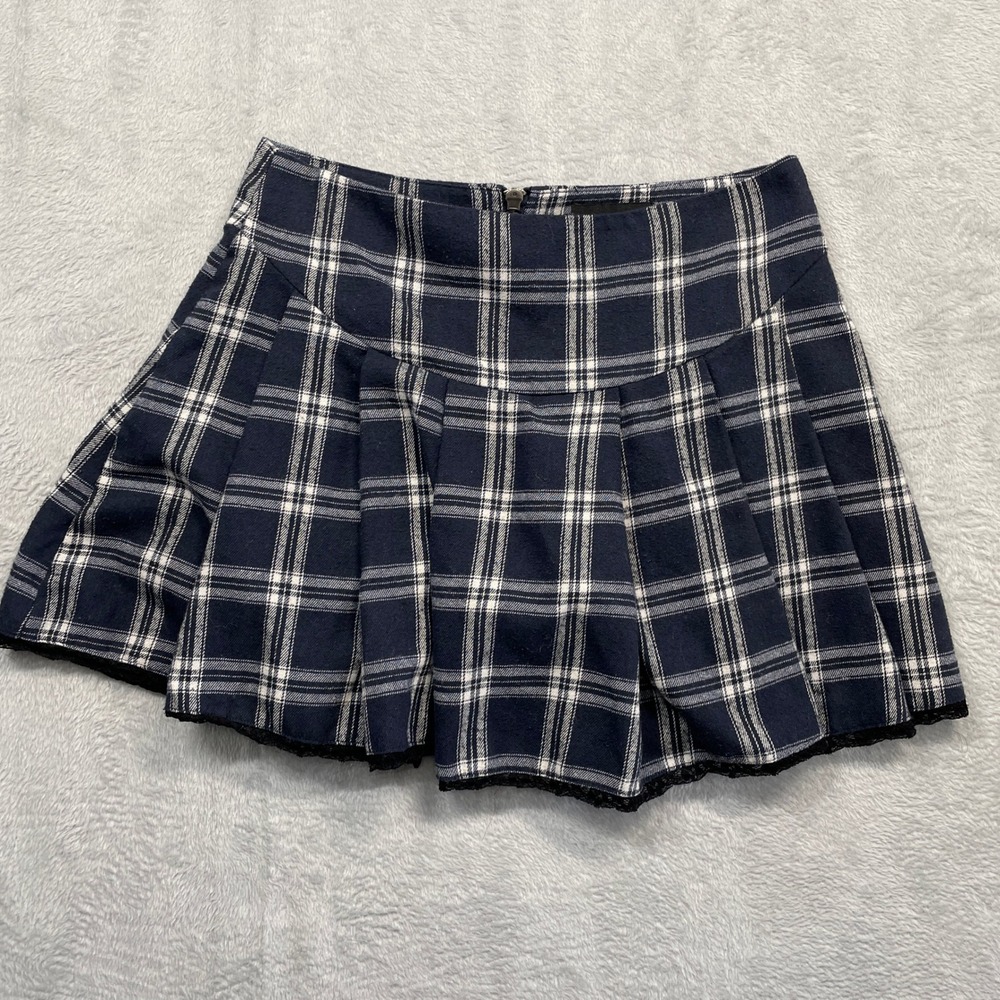 Current‎ Mood Mini Skirt Women Large Blue Plaid Pleated Lace Trim Drop Waist Zip